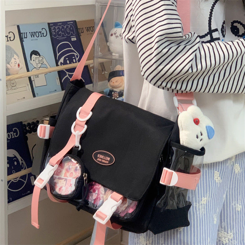 Cute College Style Girl Crossbody Bag Japanese Style ins Student Large Capacity Versatile Messenger Bag Transparent Bar Chibi Pain Bag