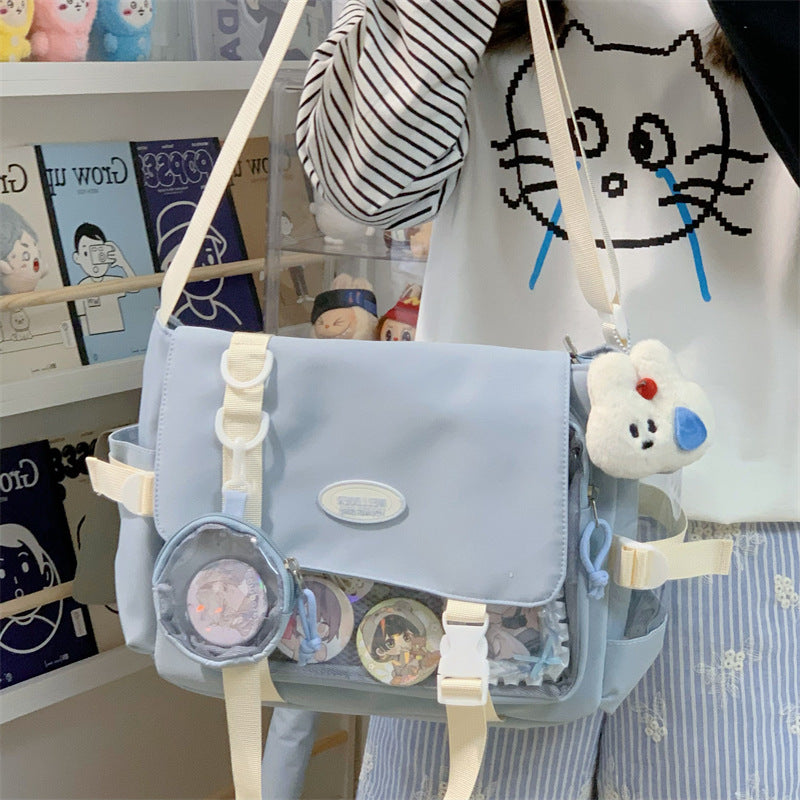 Cute College Style Girl Crossbody Bag Japanese Style ins Student Large Capacity Versatile Messenger Bag Transparent Bar Chibi Pain Bag