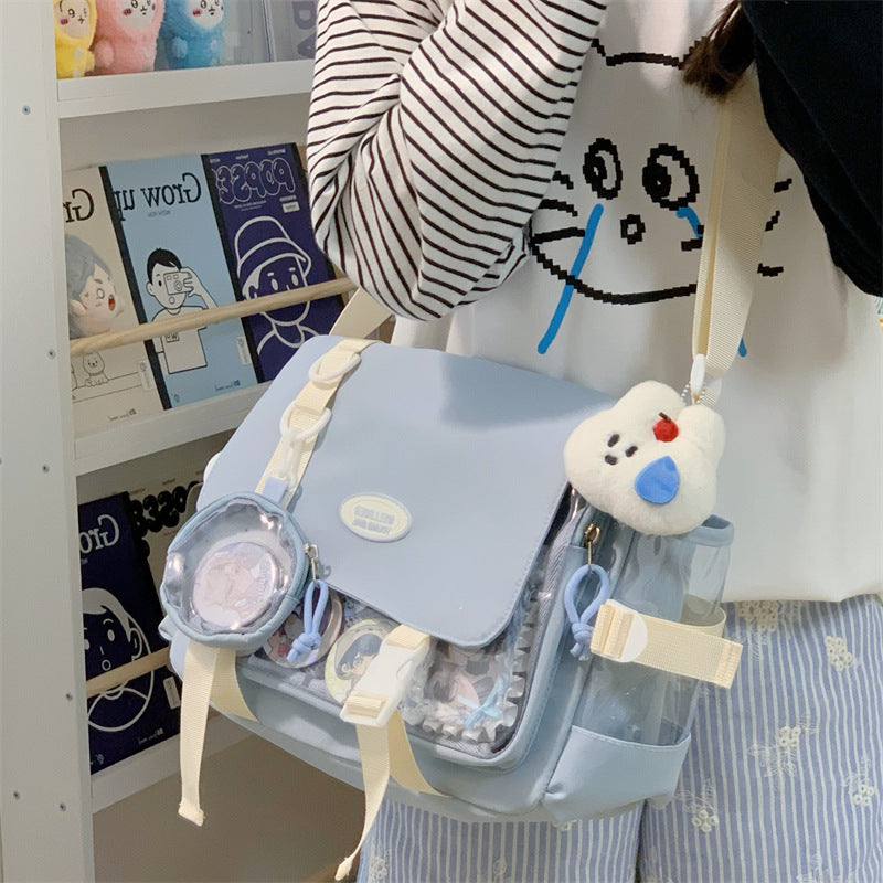 Cute College Style Girl Crossbody Bag Japanese Style ins Student Large Capacity Versatile Messenger Bag Transparent Bar Chibi Pain Bag