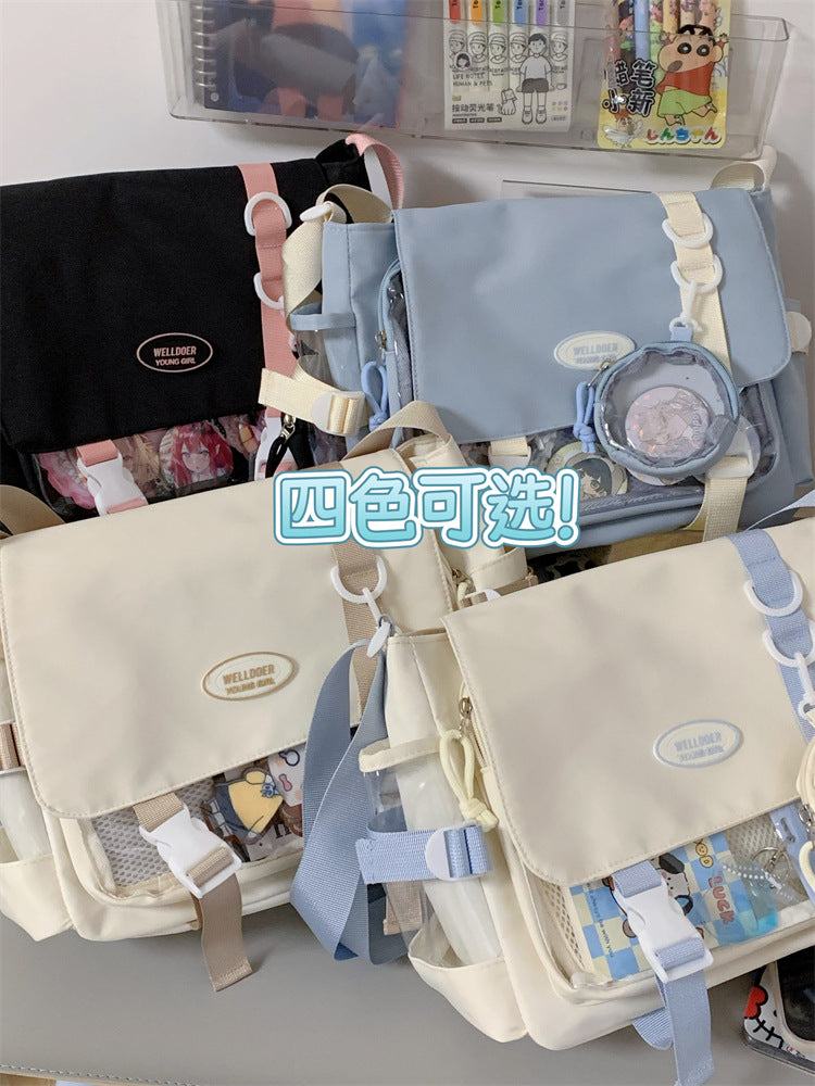 Cute College Style Girl Crossbody Bag Japanese Style ins Student Large Capacity Versatile Messenger Bag Transparent Bar Chibi Pain Bag