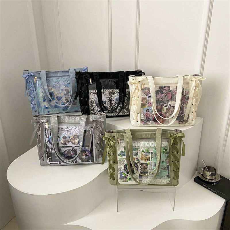 Ribbon Pain Bag Large Capacity Green Series High Capacity Anime Millet Bag Original Daily Shoulder Tote Blue