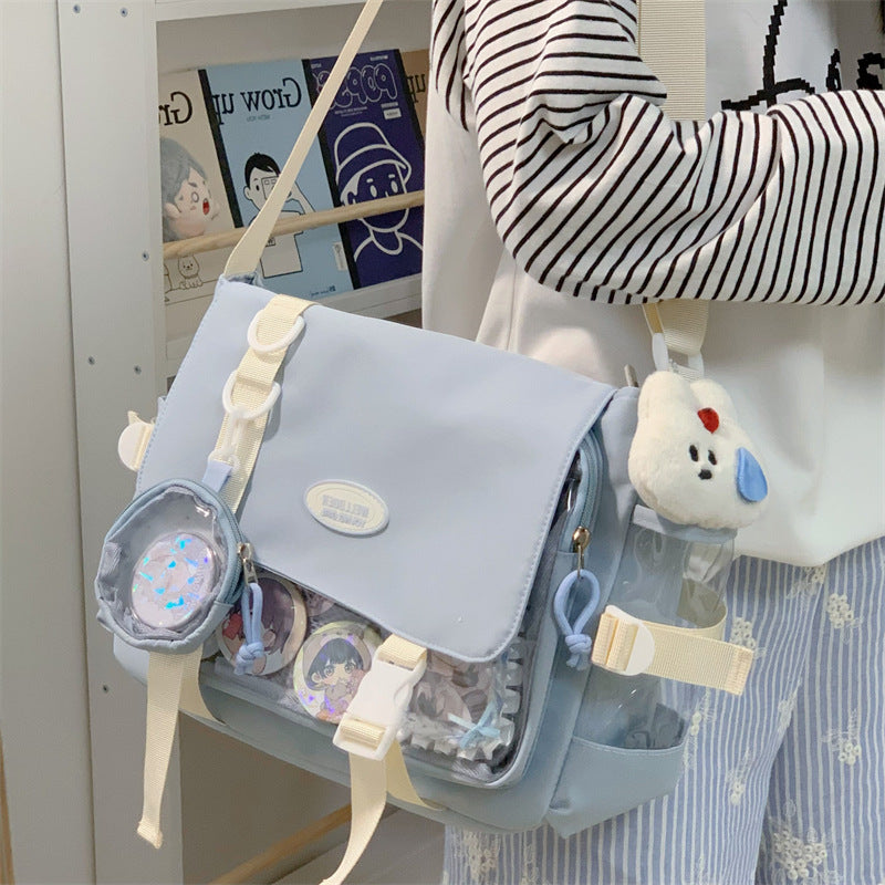 Cute College Style Girl Crossbody Bag Japanese Style ins Student Large Capacity Versatile Messenger Bag Transparent Bar Chibi Pain Bag
