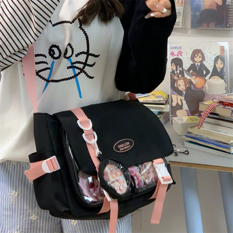 Cute College Style Girl Crossbody Bag Japanese Style ins Student Large Capacity Versatile Messenger Bag Transparent Bar Chibi Pain Bag