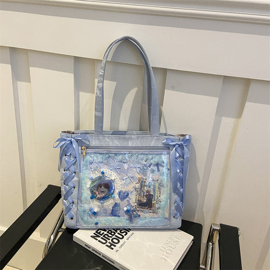 Ribbon Pain Bag Large Capacity Green Series High Capacity Anime Millet Bag Original Daily Shoulder Tote Blue
