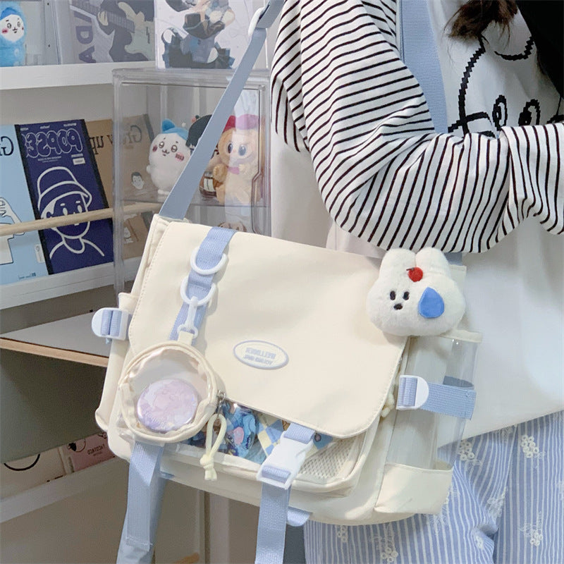 Cute College Style Girl Crossbody Bag Japanese Style ins Student Large Capacity Versatile Messenger Bag Transparent Bar Chibi Pain Bag