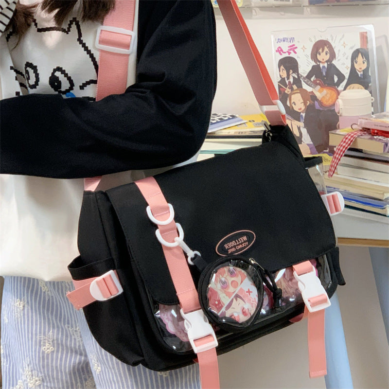 Cute College Style Girl Crossbody Bag Japanese Style ins Student Large Capacity Versatile Messenger Bag Transparent Bar Chibi Pain Bag