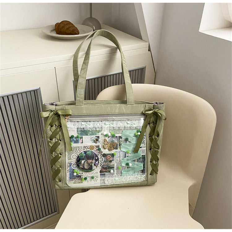 Ribbon Pain Bag Large Capacity Green Series High Capacity Anime Millet Bag Original Daily Shoulder Tote Blue