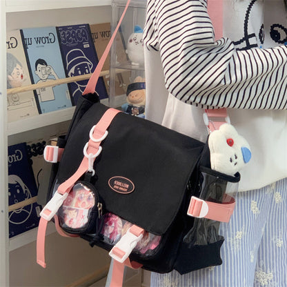 Cute College Style Girl Crossbody Bag Japanese Style ins Student Large Capacity Versatile Messenger Bag Transparent Bar Chibi Pain Bag