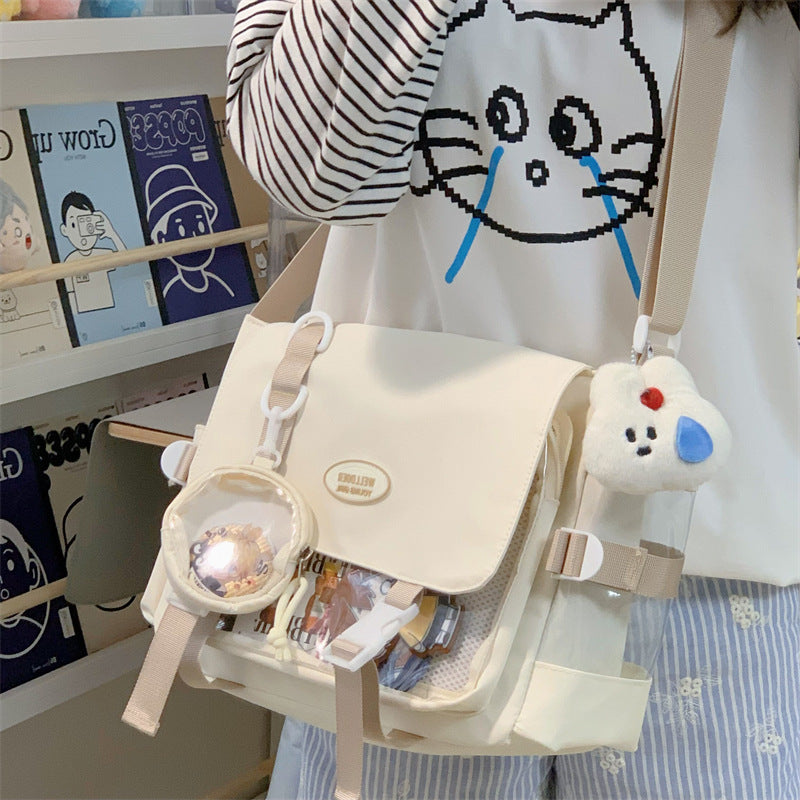 Cute College Style Girl Crossbody Bag Japanese Style ins Student Large Capacity Versatile Messenger Bag Transparent Bar Chibi Pain Bag