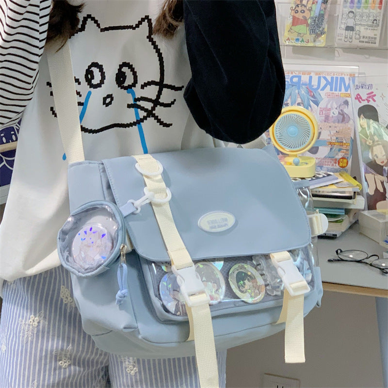 Cute College Style Girl Crossbody Bag Japanese Style ins Student Large Capacity Versatile Messenger Bag Transparent Bar Chibi Pain Bag
