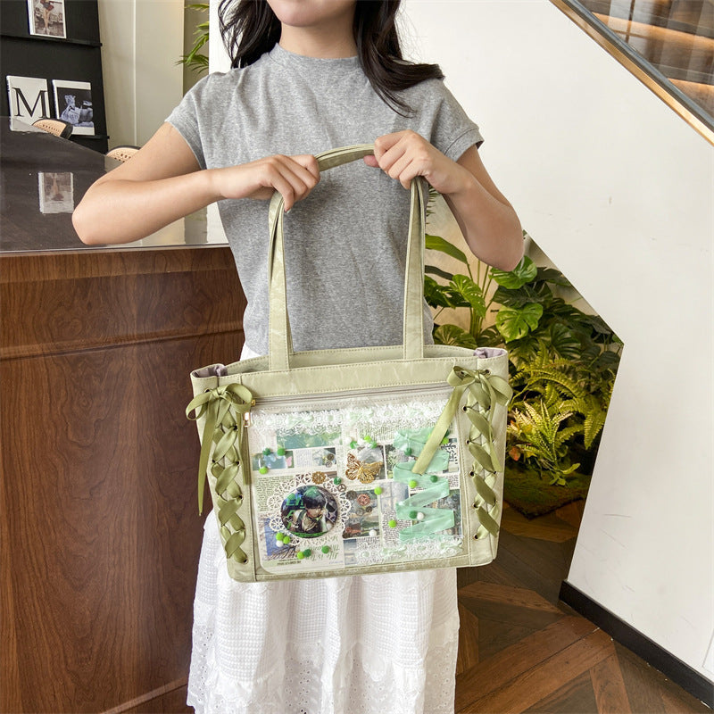 Ribbon Pain Bag Large Capacity Green Series High Capacity Anime Millet Bag Original Daily Shoulder Tote Blue