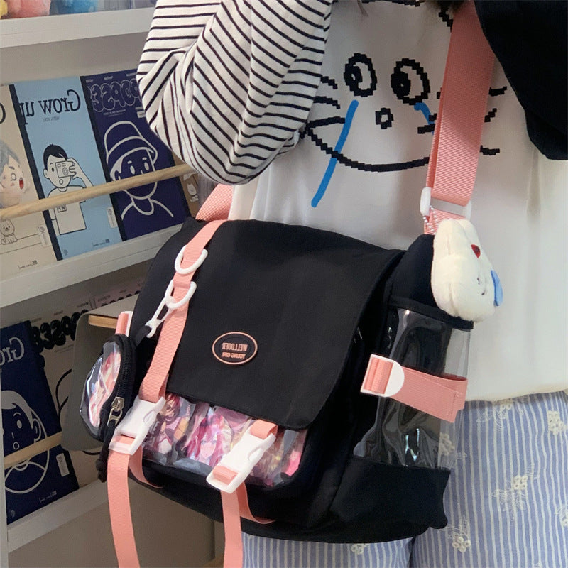Cute College Style Girl Crossbody Bag Japanese Style ins Student Large Capacity Versatile Messenger Bag Transparent Bar Chibi Pain Bag