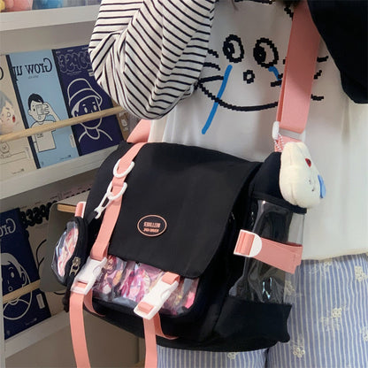 Cute College Style Girl Crossbody Bag Japanese Style ins Student Large Capacity Versatile Messenger Bag Transparent Bar Chibi Pain Bag