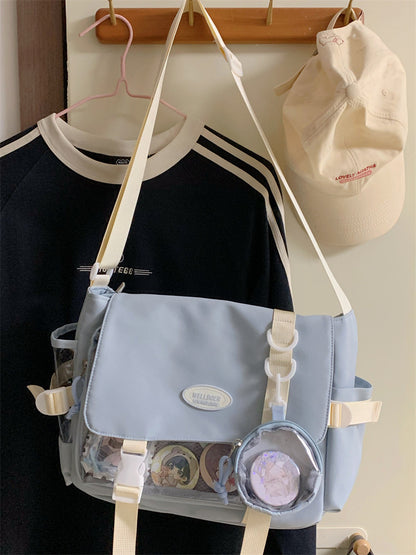 Cute College Style Girl Crossbody Bag Japanese Style ins Student Large Capacity Versatile Messenger Bag Transparent Bar Chibi Pain Bag