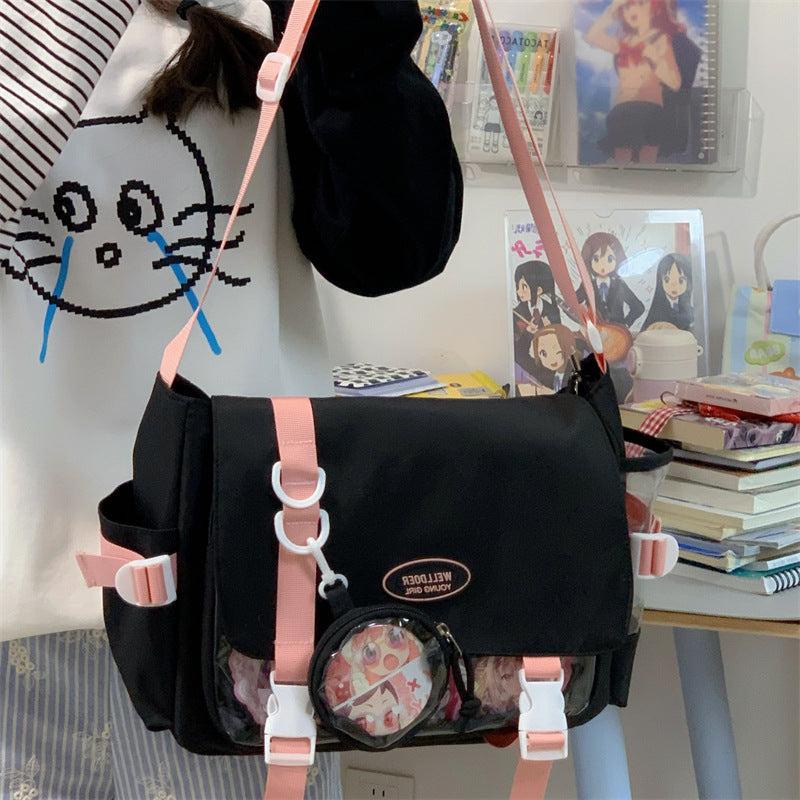 Cute College Style Girl Crossbody Bag Japanese Style ins Student Large Capacity Versatile Messenger Bag Transparent Bar Chibi Pain Bag