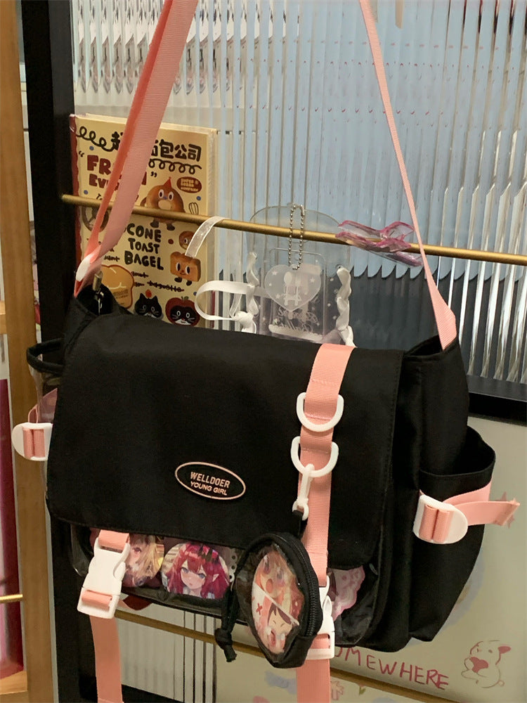 Cute College Style Girl Crossbody Bag Japanese Style ins Student Large Capacity Versatile Messenger Bag Transparent Bar Chibi Pain Bag