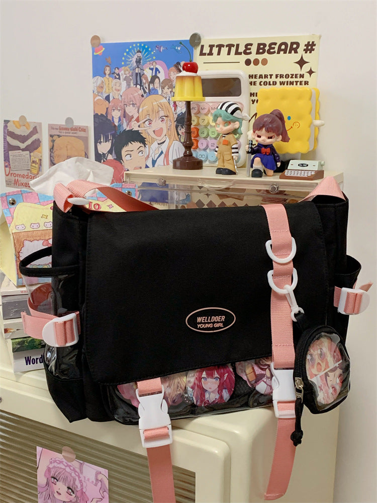 Cute College Style Girl Crossbody Bag Japanese Style ins Student Large Capacity Versatile Messenger Bag Transparent Bar Chibi Pain Bag