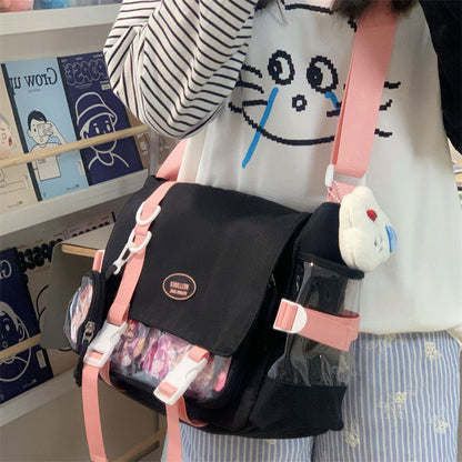 Cute College Style Girl Crossbody Bag Japanese Style ins Student Large Capacity Versatile Messenger Bag Transparent Bar Chibi Pain Bag