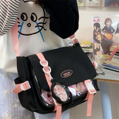 Cute College Style Girl Crossbody Bag Japanese Style ins Student Large Capacity Versatile Messenger Bag Transparent Bar Chibi Pain Bag